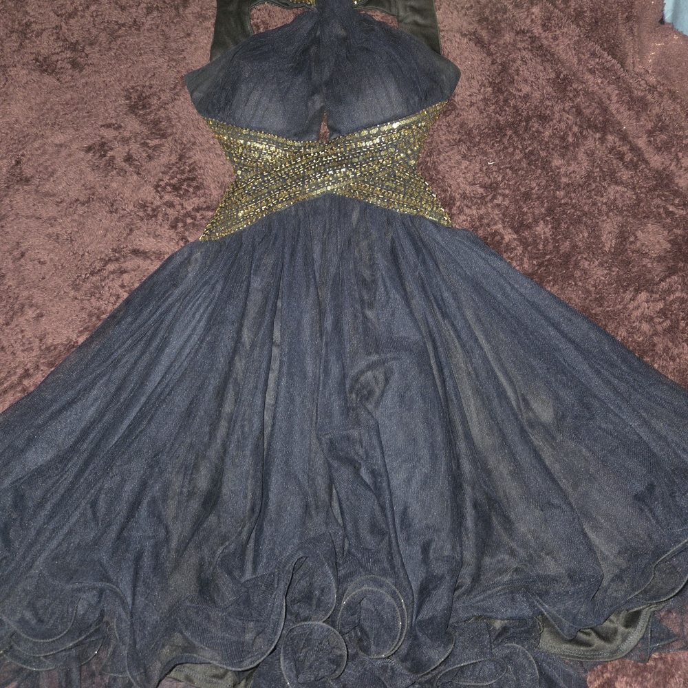 Elegant Navy Blue Evening Dress with Gold Accents